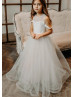 Cold Shoulder Ivory 3D Flowers Tulle Flower Girl Dress